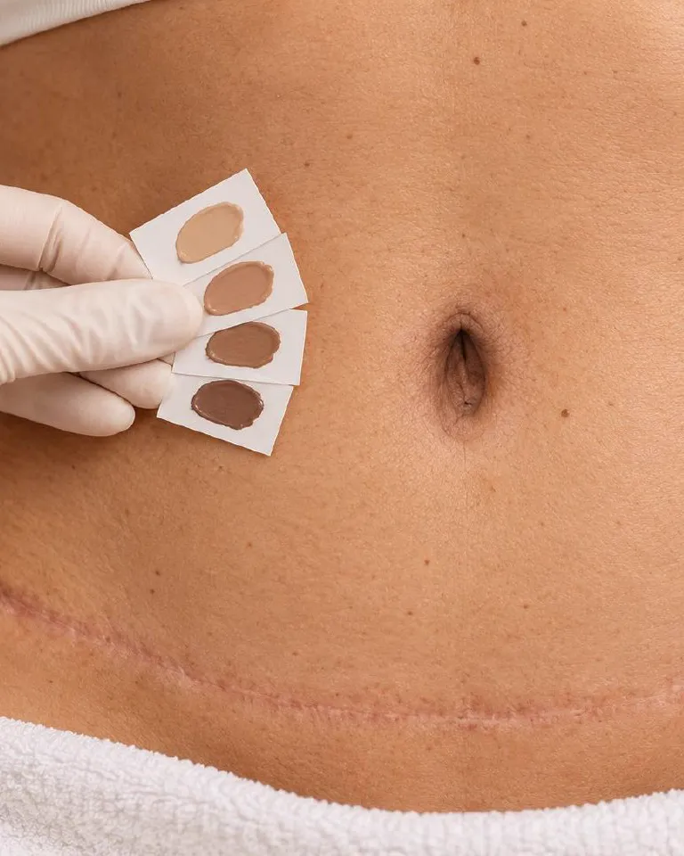 Pigment shades held against a healed C-section scar to find the match