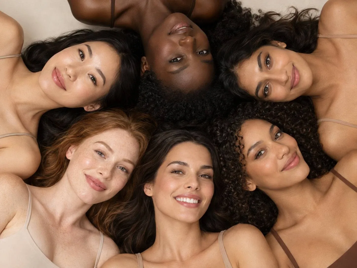 Six women with different skin tones lying in a circle