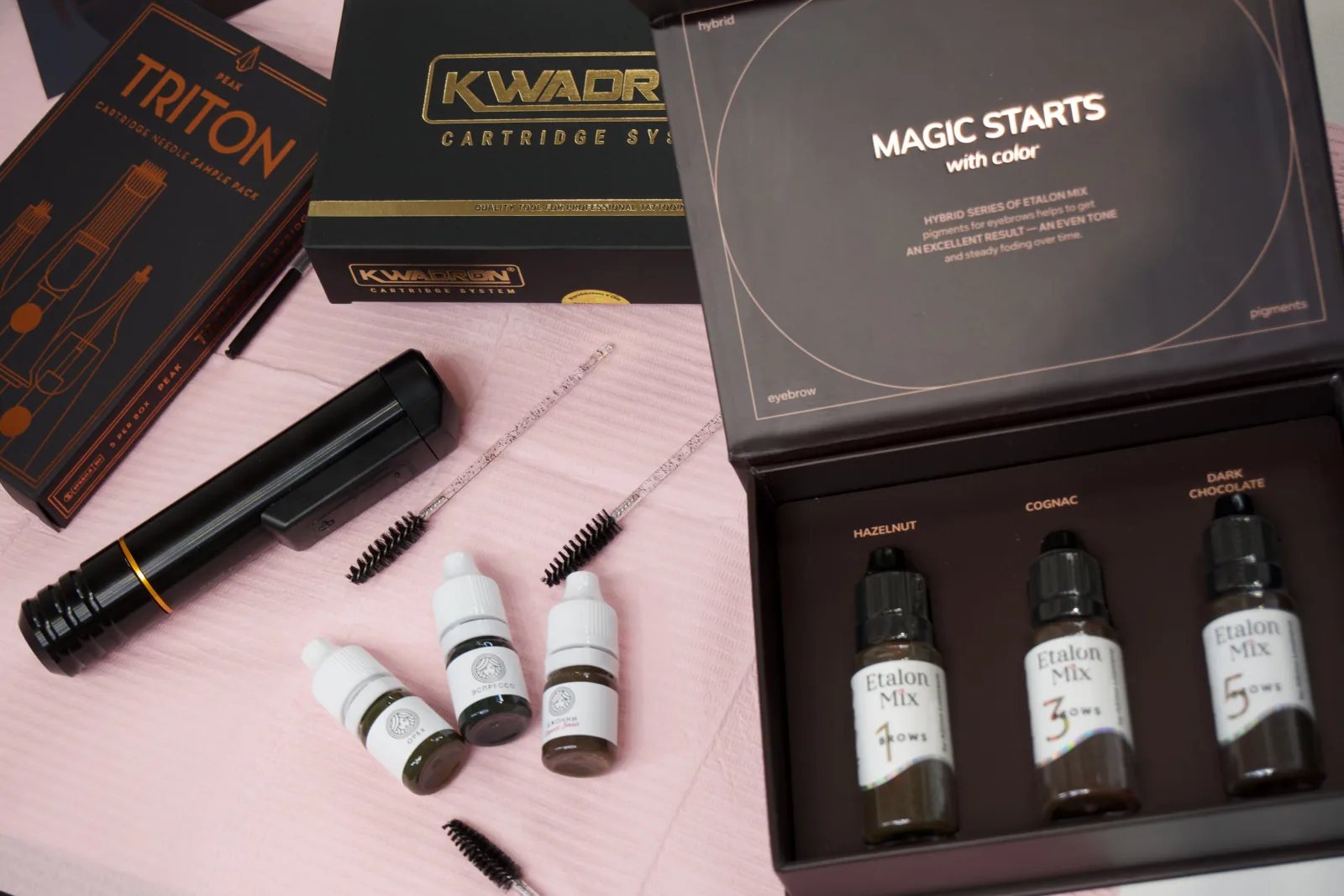 Permanent makeup pigment bottles on the studio table