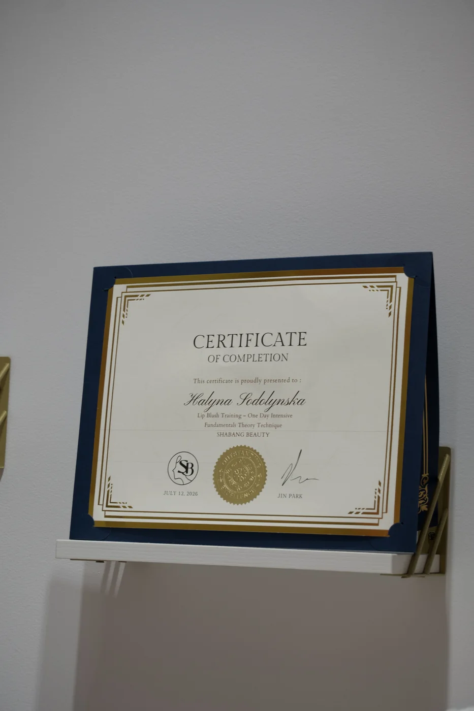 Certificate of completion, Lip Blush Training, Shabang Beauty